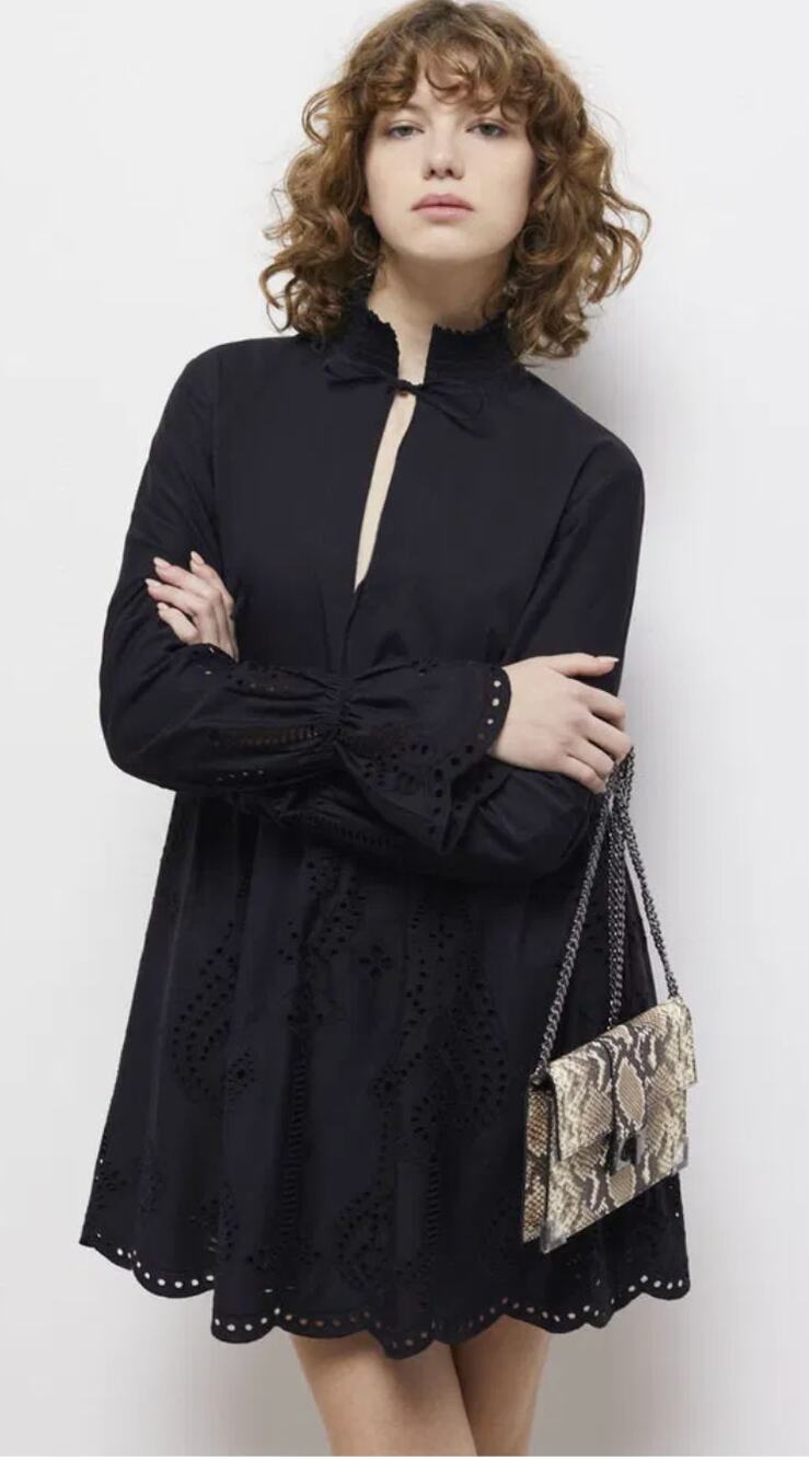 The Kooples Black Eyelet Mini Dress Cotton Broderie Anglaise High Smocked Tie 2